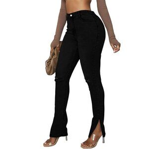 WDIRARA Women's Slit Hem High Waist Denim Zipper Fly Ripped Skinny Jeans  Large